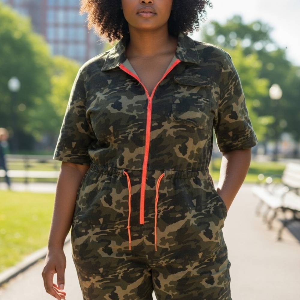 Fashionova Chic Camouflage Jumpsuit with Bright Orange Details